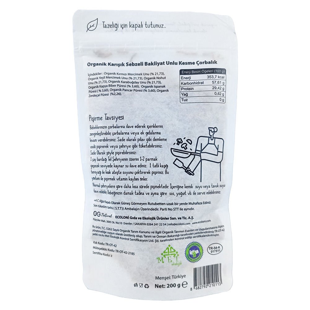 OG Natural Organik Karışık Sebzeli Bakliyat Unlu Kesme Çorbalık 200 Gr
