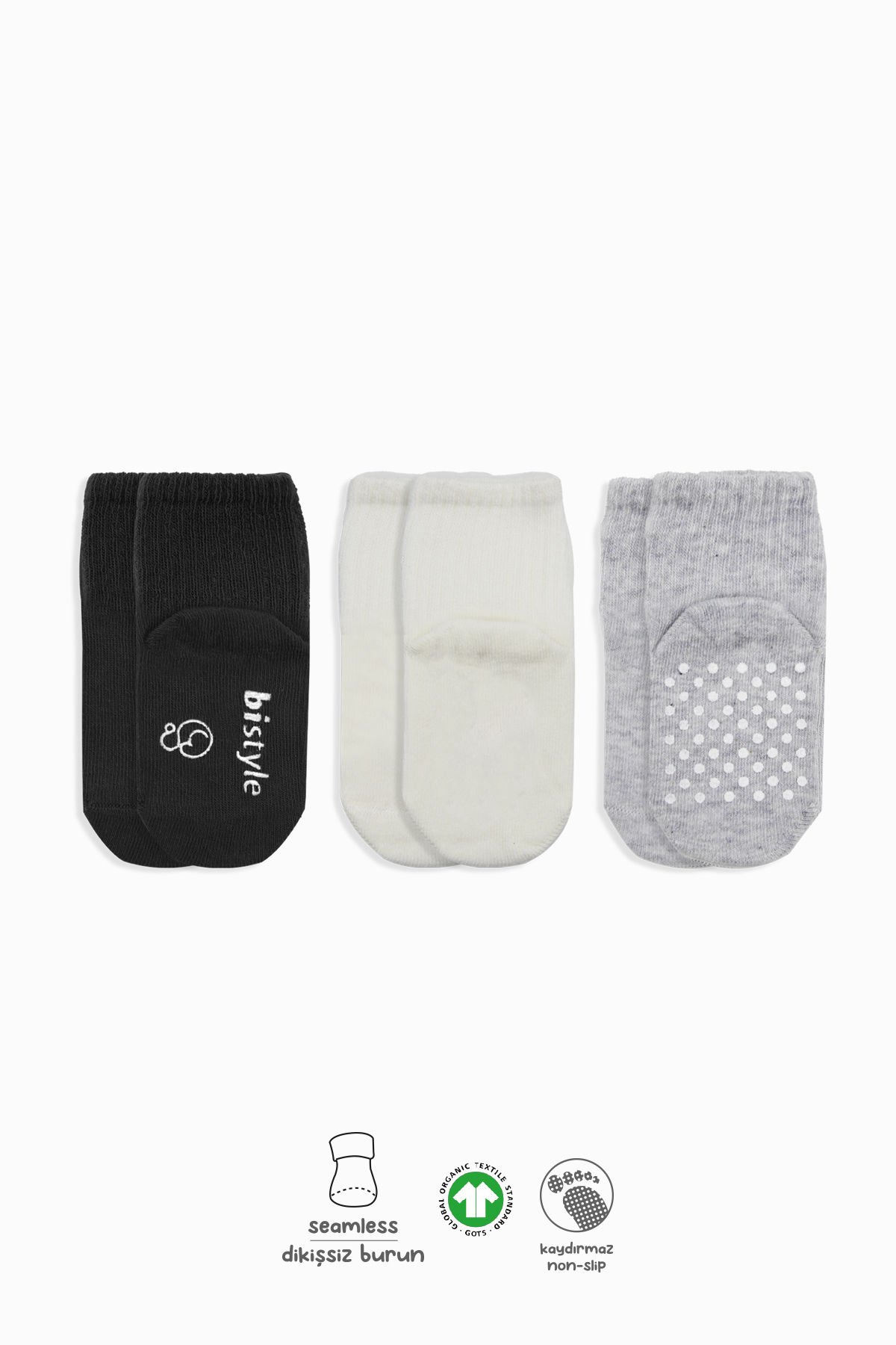 Bistyle Organik 3lü Basic Kaymaz Soket Çorap BS3003 Siyah