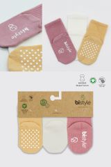 Bistyle Basic Kaymaz Penye Soket Çorap 3'Lü BS10107 Pudra Ekru Somon
