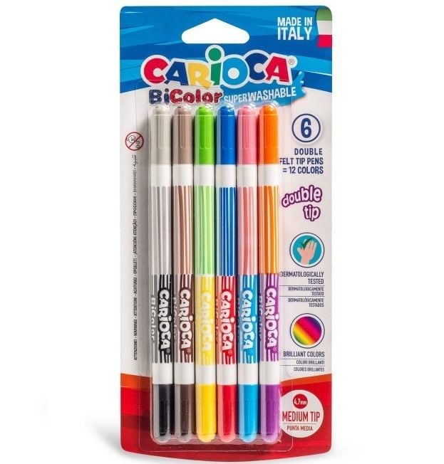 Carioca Bicolor Süper Yıkanabilir Çift Uçlu Keçeli Boya Kalemi 6Lı 12 Renk