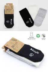 Bistyle Basic Kaymaz Penye Soket Çorap 3'Lü BS10106 Siyah Ekru Gri